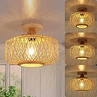 Flush Mount Ceiling Light , Farmhouse Woven Rattan Shade Wireless Close To Ceiling light Fixtures For Bedroom, Modern Boho Light Fixtures Ceiling Mount For Kitchen, Living Room, Entryway