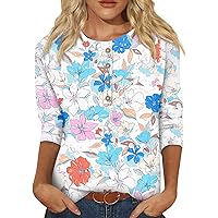 Womens 3/4 Sleeve Summer Tops Button Down Blouses Dressy Casual Printed Floral Graphic Tees Cooling Fitted T Shirts