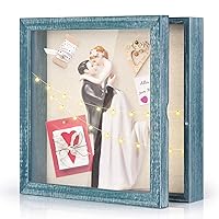 Love-KANKEI Shadow Box Frame 11x11 Shadow Box Display Case with Linen Back Rustic Wood Memory Box for Awards Medals Photos Blue