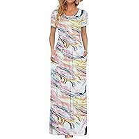 AUSELILY Women Short Sleeve Loose Plain Casual Long Maxi Dresses with Pockets