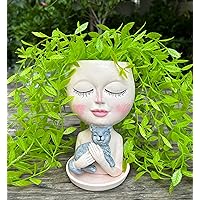 Head Planter with Drainage Hole, Resin Art Vase, Cute Lady Hugging Cat Succulent Flower Pots, Unique for Indoor Outdoor Decor, 7.28in
