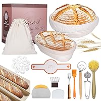 Sourdough Bread Proofing Baskets Set,10 Inch Oval & 9 Inch Round Banneton Bread Proofing Baskets with Linen Liner, Silicone Bread Sling, Danish Dough Whisk, Dough Scraper Kit, Silicone Brush