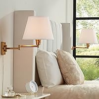 360 Lighting Clement Modern Swing Arm Wall Lamps Set of 2 Warm Gold Plug-in Light Fixture White Linen Hardback Shade for Bedroom Bedside House Reading Living Room Home Hallway Dining