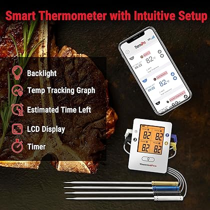 ThermoPro TP25 Wireless Bluetooth Meat LCD Thermometer with 4 Temperature Probes, Smart Digital Cooking BBQ Thermometer for Grilling Oven Food Smoker Thermometer, Rechargeable