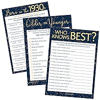 Birthday Party Games - Born in The 1930s Navy Blue & Gold Birthday Game Bundle - 85th or 90th Birthday - Set of 3 Games for 20 Guests