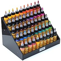 acrylic display stand organizer for tattoo inks, nail polish bottles and other beauty essentials that keeps them organized, secured and ready to use.