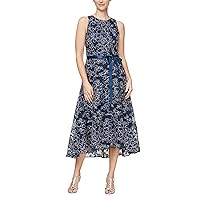 Alex Evenings Women's Sleeveless Midi Dress with Elegant Embroidery, Full Skirt and Tie Belt (Petite and Regular Sizes)