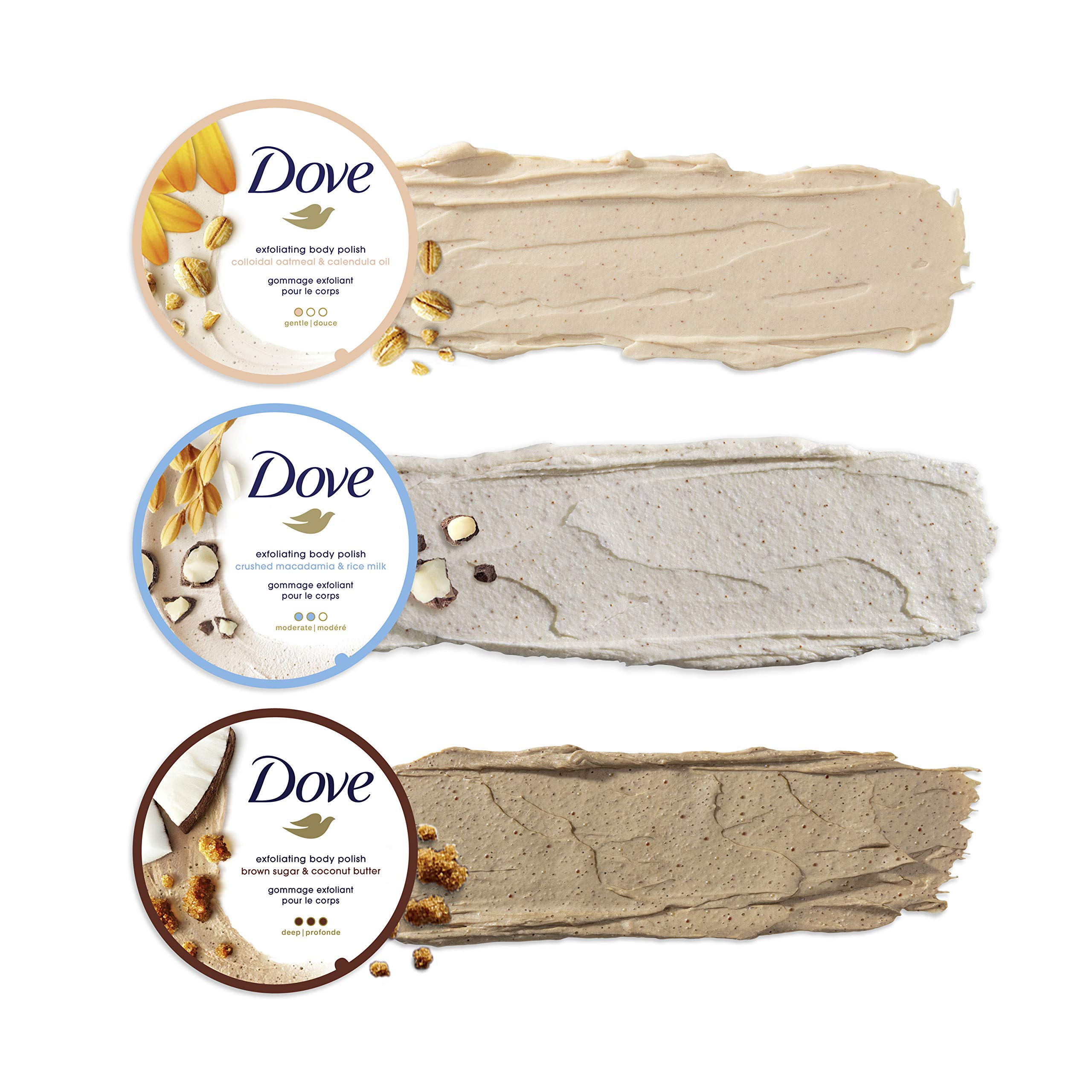 Dove Exfoliating Body Polish Scrub Reveals Visibly Smoother Skin Macadamia & Rice Milk Body Scrub That Nourishes Skin, 10.5 Ounce (Pack of 4)