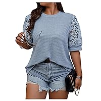 SOLY HUX Women's Plus Size Lace Puff Half Sleeve T Shirt Round Neck Casual Summer Tee Tops