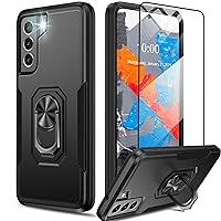 Oterkin for Samsung Galaxy S21 FE Case,Heavy Duty Military Grade Shockproof Case with Kickstand Ring Tempered Glass Screen Protector S21 FE Case Support Magnetic Car Mount (Black)