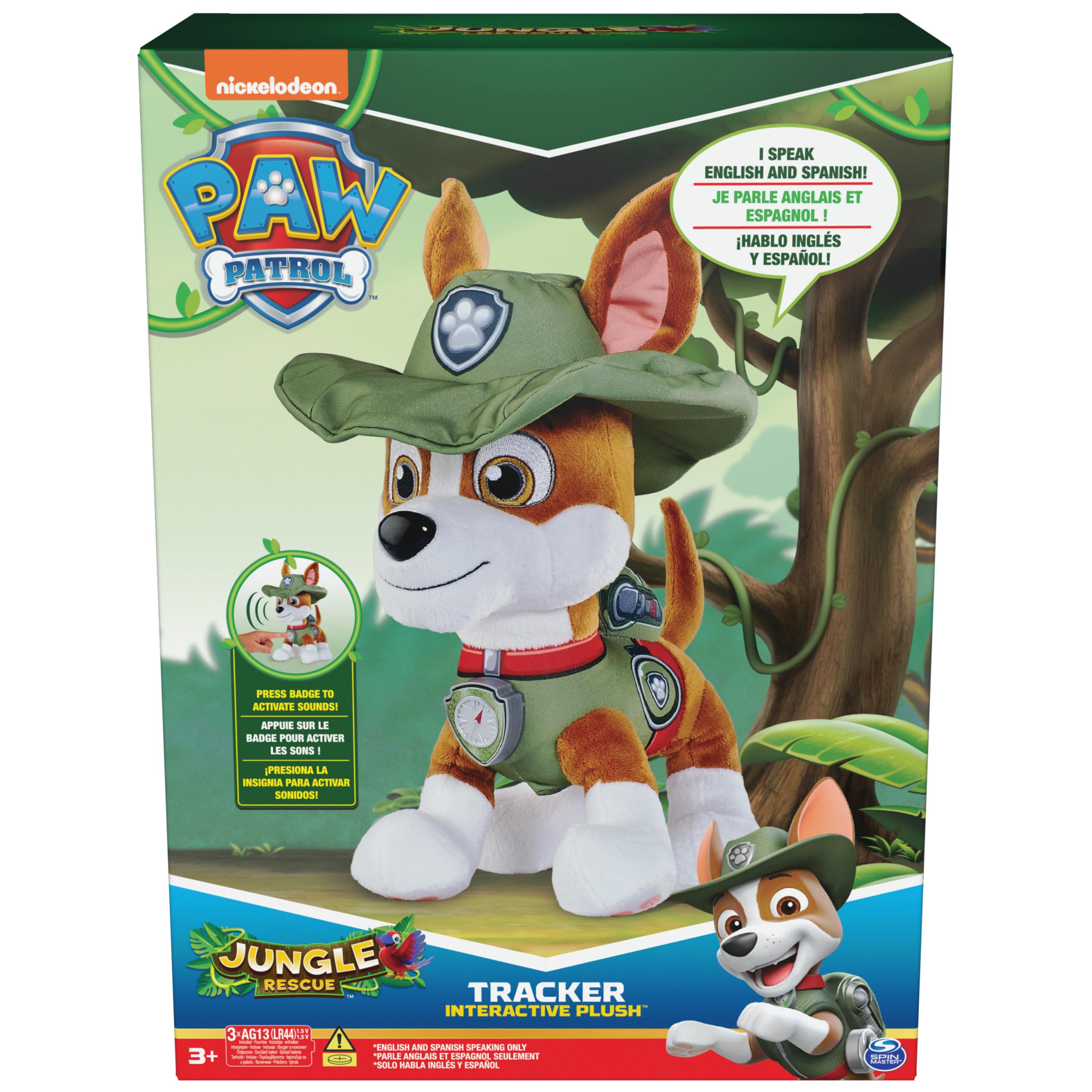 Paw Patrol Talking Tracker 12-Inch Tall Interactive Plush Toy with Music, Sounds and Bilingual Phrases Stuffed Animals, Kids Toys for Ages 3 and up