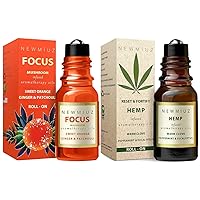 Roll-On Essential Oil Blends Focus Memory Concentration Orange Ginger Patchouli & Ease destress Hemp Peppermint Eucalyptus Clove and Arnica, Pack of 2