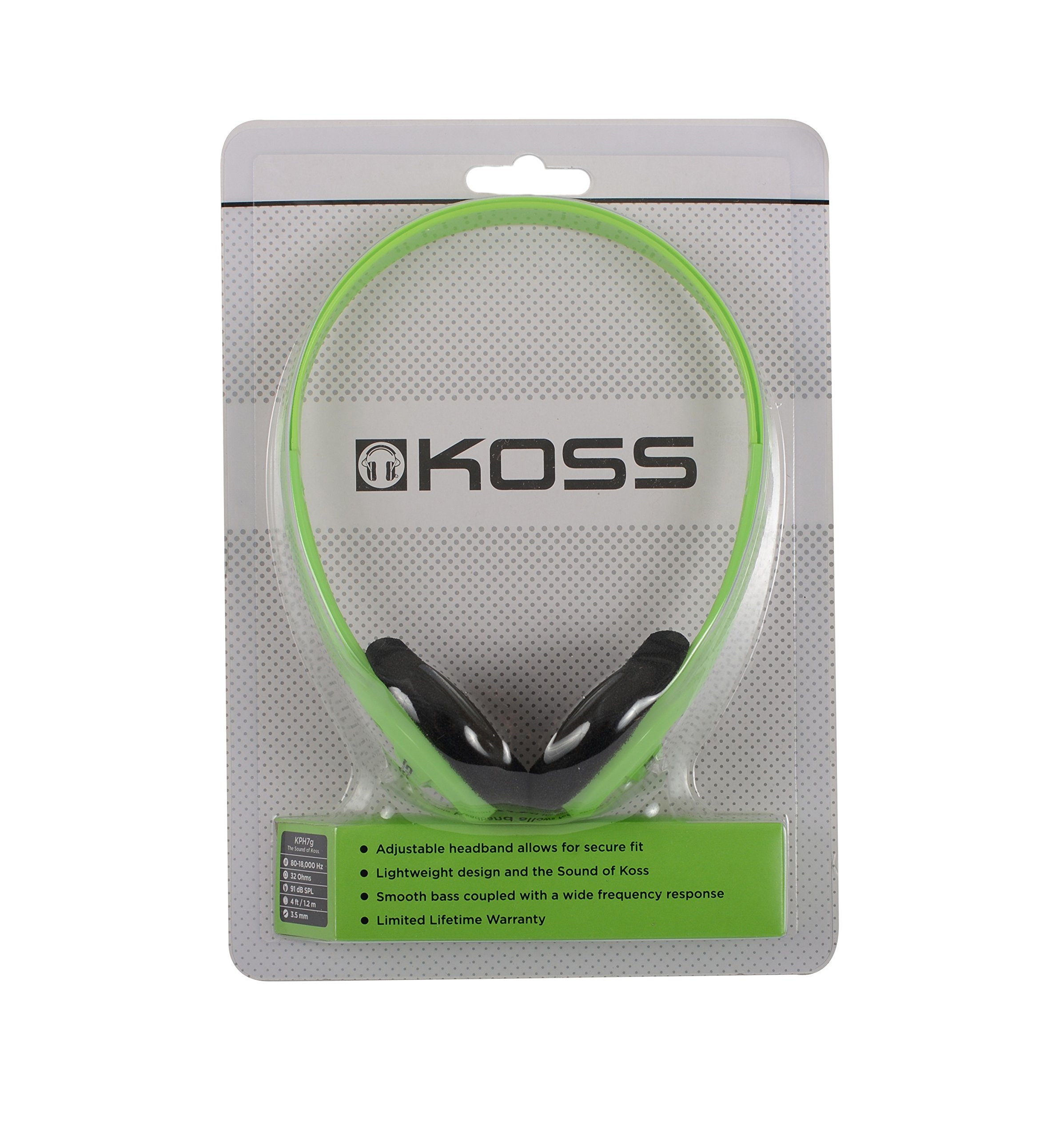 Koss KPH7G Portable On-Ear Headphone with Adjustable Headband - Green, 8.7 x 6.2 x 2.0
