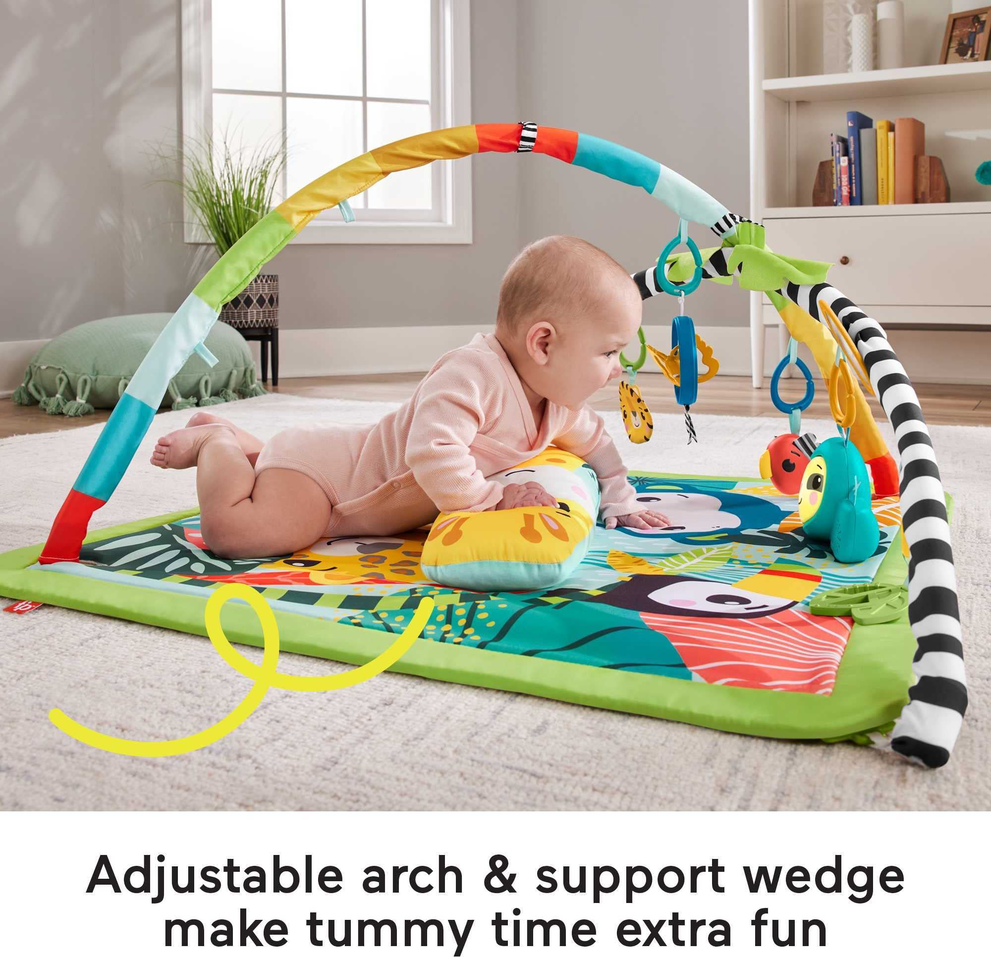 Fisher Price Newborn To Toddler Playmat 3-In-1 Rainforest Sensory Gym with Tummy Wedge, 5 Baby Toys and Music & Lights Sloth