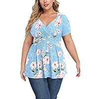 TIANZHU Women's Plus Size Dressy Tops Wrap Shirt Short Sleeve Tunic Top V Neck Low Cut Cute Blouse