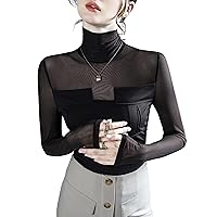 Women's Casual Tops Fashion Sexy High Neck Semi Sheer Long Sleeve Mesh Patchwork Blouses Elegant Party Dinner Shirts