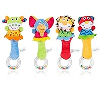 4 Pack Baby Soft Rattles Toys - Infant Sensory Development Hand Grip Toys - Cute Stuffed Animal Handbells - Perfect Baby Gift