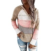 FEKOAFE Women's 2024 Fall Striped Color Block Hoodies Fashion V Neck Knit Sweater Pullovers