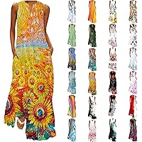 Sundresses for Women 2024 Floral Print Sleeveless Maxi Dress with Pockets Tank Summer Dress Notch Neck Beach Dresses