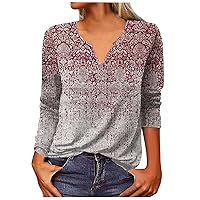 College Trending Long Sleeve Top Female Oversized Fall Stretch Print T-Shirt Cotton V Neck Button Comfy Tee Shirt for Womens Wine