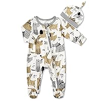 Baby Boy Clothes, Cute One-piece Pattern Printed Zipper Footie Romper and Cap 2Pcs Jumpsuit Baby Boy Outfits