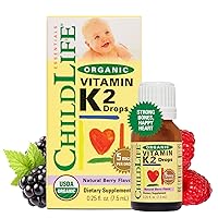 ChildLife Essentials Organic Vitamin K2 Drops - Liquid K2 Vitamin Drops, 5 mcg per Drop, USDA Organic, All-Natural, Non-GMO, Gluten-Free - Natural Berry Flavor, 0.25 Fl Oz