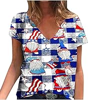 American Flag Shirt Women 4th of July T-Shirts Star Stripes USA Short Sleeve V-Neck Patriotic Tee Summer Casual Tops