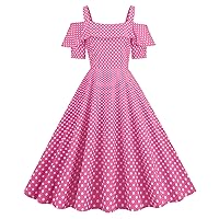 Wellwits Women's Ruffle Off Shoulder Strap Polka Dots 1950s Vintage Dress