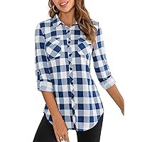 DJT Womens Soft Stretchy Plaid Shirts Roll Up Long Sleeve Collared Button Down Blouses