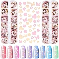 PAGOW 2Boxs Cherry Blossom Butterfly Nail Sequins, 12 Grids Gold Pink Glitter Flower Rabbit Heart Nail Charms, PET Flower Nail Glitter Sequins for Women Girls Crafts DIY Nail Decorations
