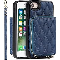 CaseCrossbody Lanyard Case for iPhone SE 2022/SE 2020/8/7 with Card Holder Wrist Strap Magnetic Clasp Leather Wallet Cover for iPhone SE 3/SE 2/8/7 (Color : Blue)