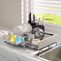 eWonLife Dish Drying Rack, Extendable Dish Racks for Kitchen Counter, Stainless Steel Dish Drainers, Compact, Rust-Proof, Dish Strainer with Sponge, Cutlery Caddy (Silver)