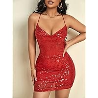 Dresses for Women Women's Dress Contrast Sequin Draped Lace Up Backless Cami Bodycon Dress Dresses (Color : Red, Size : X-Small)