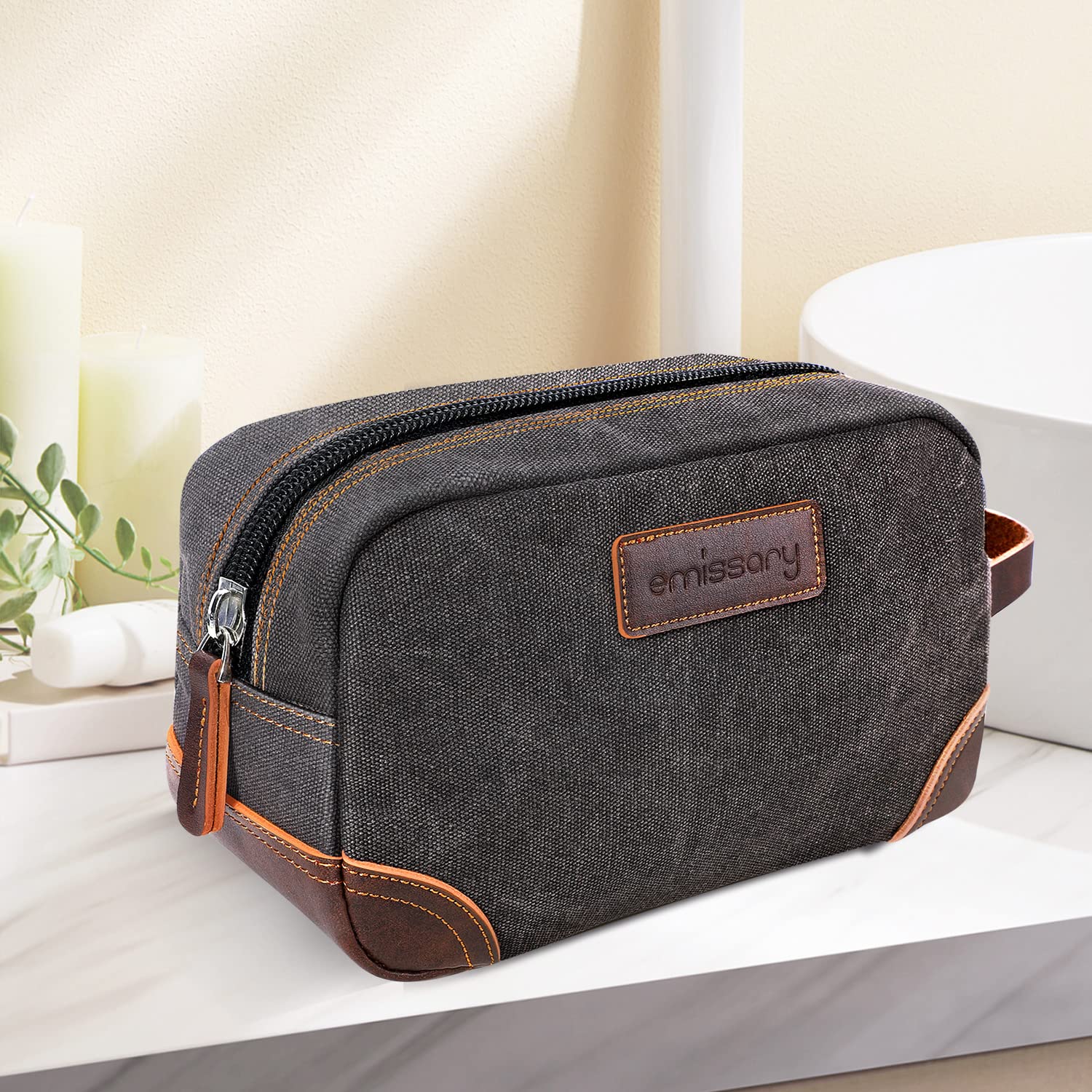 emissary Leather and Canvas Travel Toiletry Bag, Dopp Kit, Bathroom Men's Shaving Kit, Small Travel Accessories (Gray)