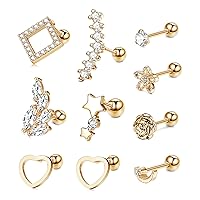 Kakonia 10 Pcs 16G Ear Cartilage Earrings for Women Stainless Steel Barbell Helix Ear Piercing Heart Flower Leaf Square CZ Inlay Tragus Conch Piercing Jewelry