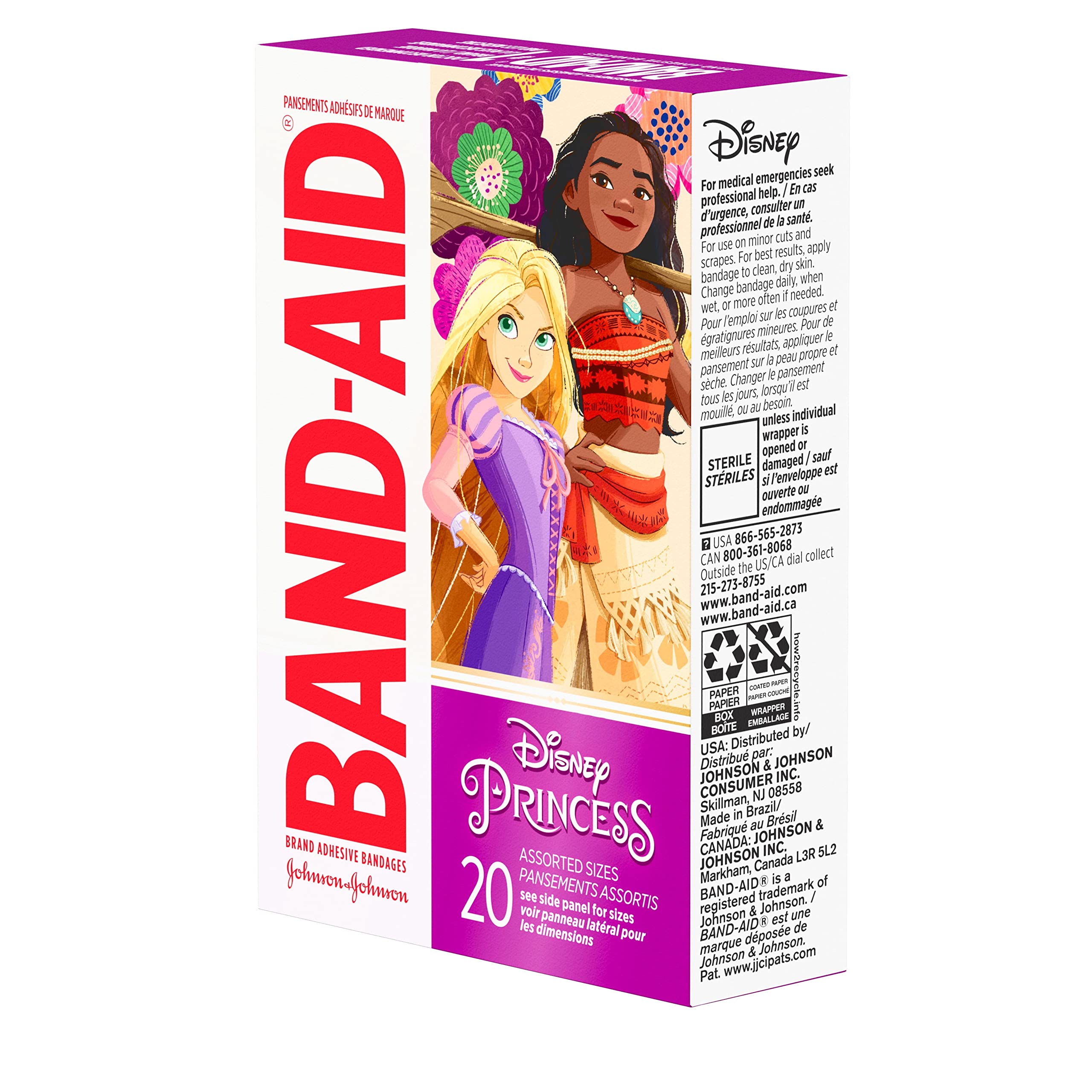 Band-Aid Brand Adhesive Bandages for Minor Cuts & Scrapes, Wound Care Featuring Disney Princess Characters, Fun Bandages for Kids and Toddlers, Assorted Sizes, 20 Count