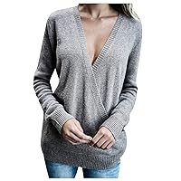 Andongnywell Womens Knitted Deep V-Neck Cross Long Sleeve Wrap Front Loose Sweater Pullover Tops Blouse