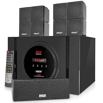 Pyle 5.1 Channel Home Theater Speaker System - 300W Bluetooth Surround Sound Audio Stereo Power Receiver Box Set w/ Built-in Subwoofer, 5 Speakers, Remote, FM Radio, RCA - PT589BT,Black