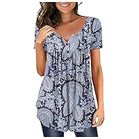 Womens Tops Hide Belly Tunic 2024 Summer Short Sleeve T Shirts Cute Flowy Henley Tshirt Casual Dressy Blouses