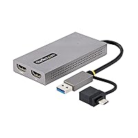 StarTech.com USB 3.0 or USB-C to Dual HDMI Adapter for Windows & macOS, 2x HDMI Displays (1x 4K30Hz, 1x 1080p), Integrated USB-A to C Dongle, 4in/11cm Cable (107B-USB-HDMI)
