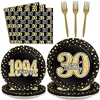 96PCS 30th Theme Birthday Party Tableware Vintage 1994 Party Supplies 30 Year Old Birthday Party Decorations Plates Napkins Forks Black and Gold Dinnerware Favors for Men or Women