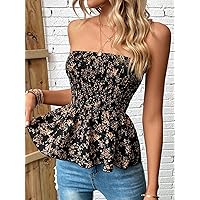 Women's Tops Sexy Tops for Women Women's Shirts Ditsy Floral Print Peplum Tube Top (Color : Black, Size : Small)