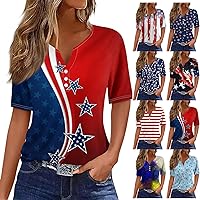 American Independence Day Patriotic Top, Red, Blue and White Striped Star Print T-Shirt Basic Short-Sleeved Button-Down Top