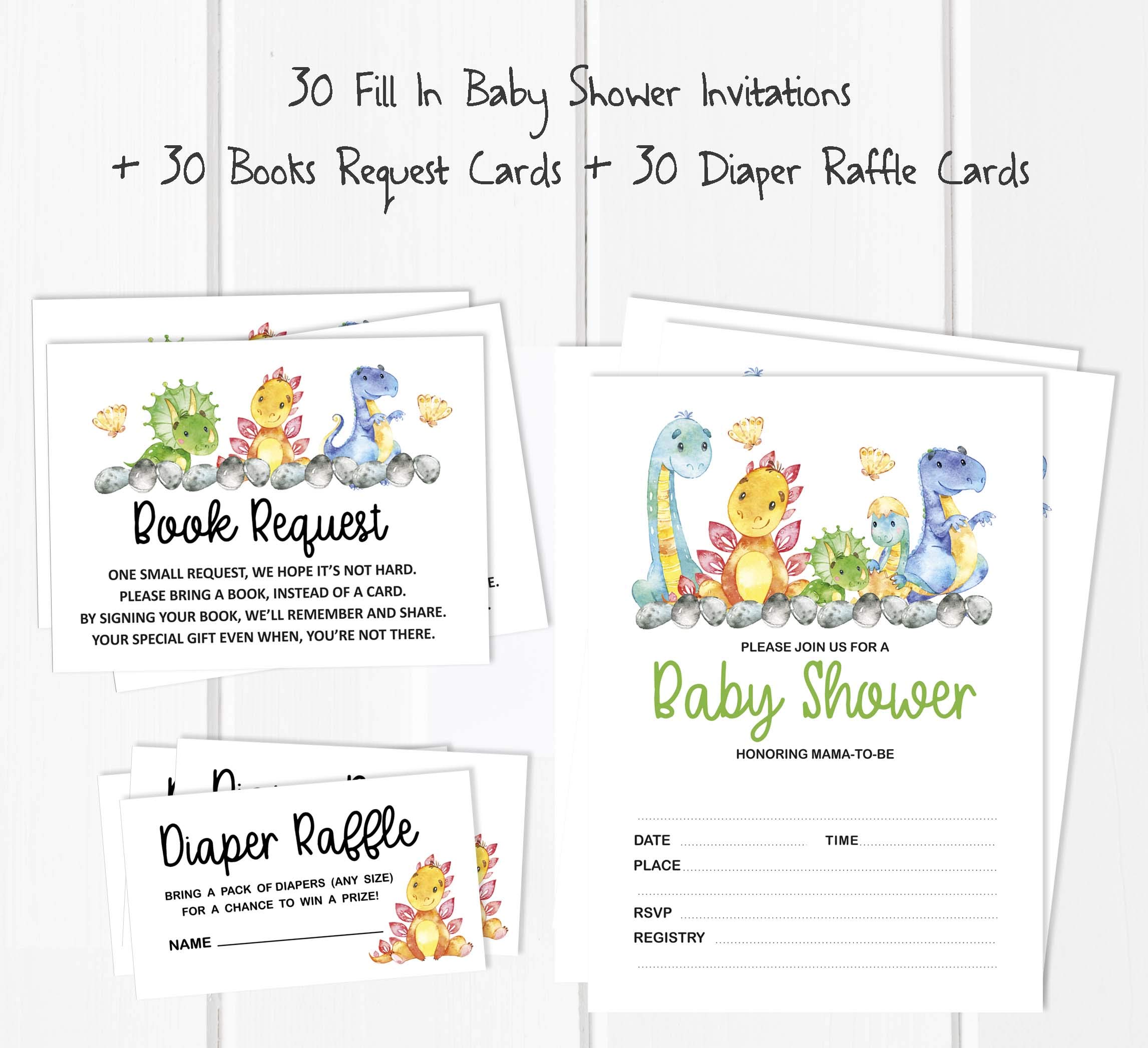 Inkdotpot Set of 30 Dinosaur Baby Shower Invitations-Diaper Raffle Tickets and Baby Shower Book Request Cards Jungle Animals Invites Its A Boy Its A Girl