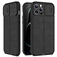 Ofiggor iPhone 14 Pro Lychee Textured Phone Protective Case, Back Slide Camera Cover Dustproof, Scratch Resistant, Oil Resistant (Black)