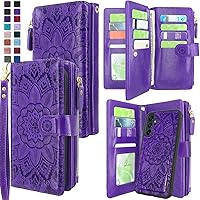 Harryshell Detachable Magnetic Zipper Wallet Leather Case with Cash Coin Pocket Multi Card Slots Holder Wrist Strap Lanyard for Samsung Galaxy A15 5G (2024) (Flower Purple)
