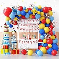 RUBFAC Carnival Circus Balloon Garland Arch Kit and Red White Striped Pennant Banner Flags for Birthday Party Carnival Theme Decorations