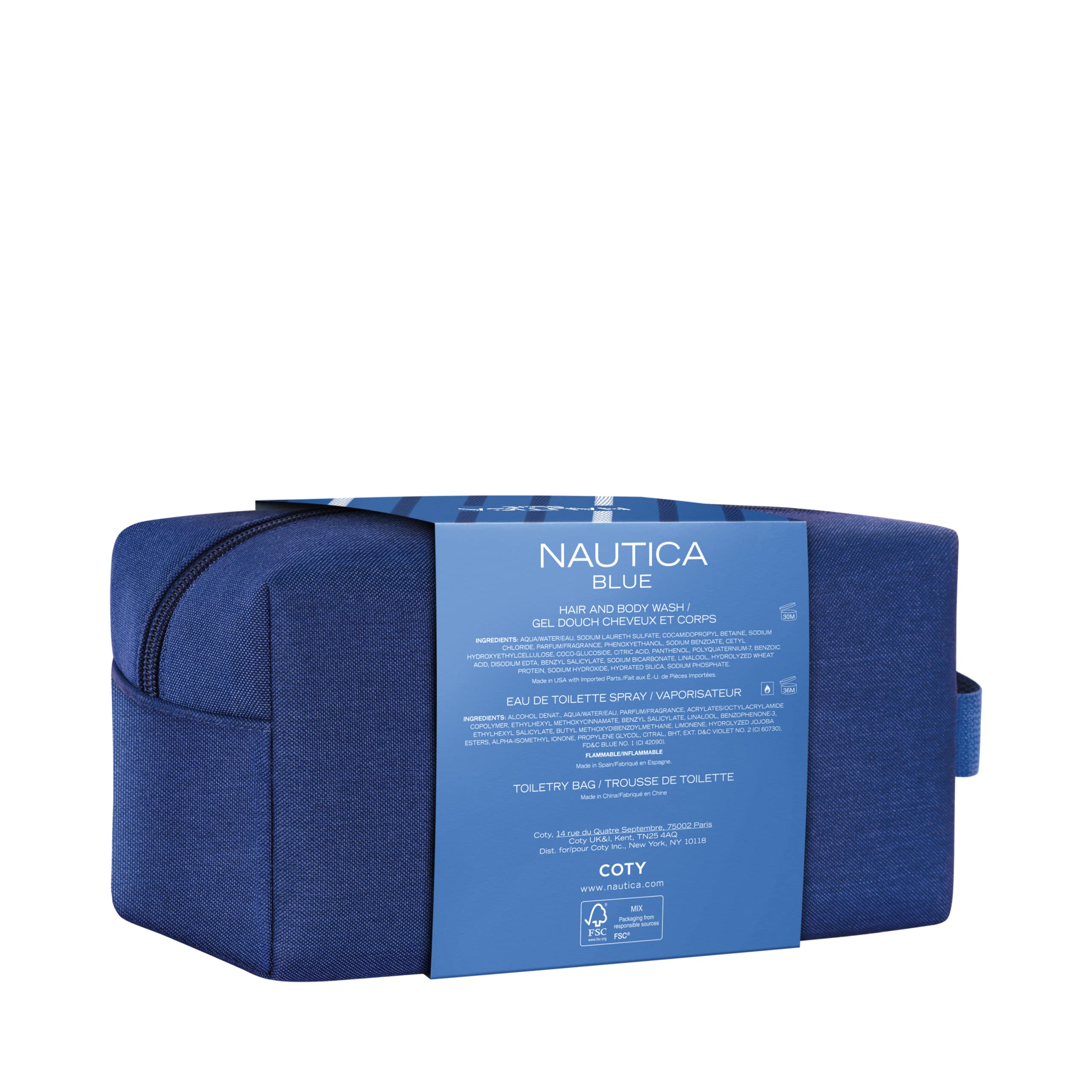 Nautica Blue 3 piece Gift Set for Men - 1.6 oz Eau De Toilette Spray + 2.5 oz Hair and Body Wash + Toiletry Bag