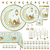 Oojami Serves 24 Ramadan Eid Mubarak Gold Foil Decorations Dinner Plates & Dessert Plates Cups Swirls Ramadan and Eid Mubarak Banners Appetizer Toppers, Ideal for Ramadan and Eid (Light Green)