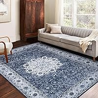 9x12 Large Area Rug Vintage for Living Room Retro Medallion Floor Cover Machine Washable Accent Rug Indoor Floral Distressed Carpet Non-Slip Thin Rug Low Pile Accent Rug Blue